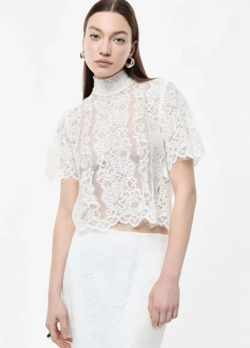 IMPERIAL Top corto in pizzo con maniche corte e collo alto